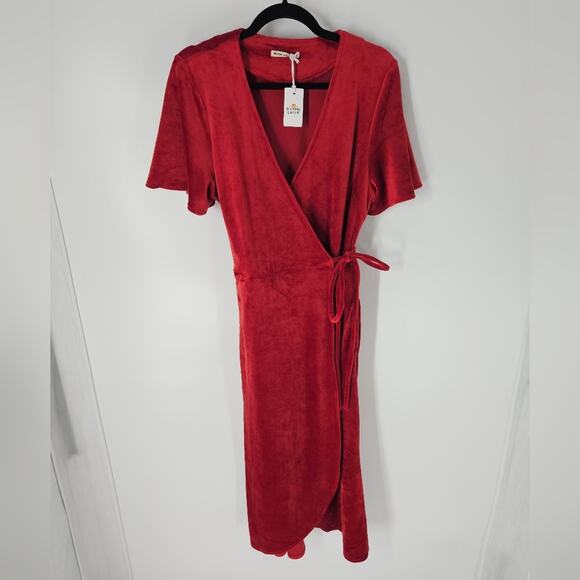 Marine Layer Red Dhalia Viola Velour Wrap Midi Dress L - Picture 3 of 13